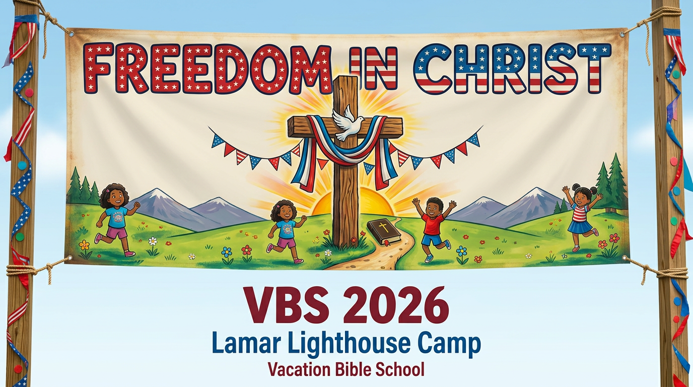 Banner reading Freedom in Christ VBS 2024 Vacation Bible School with children playing outside